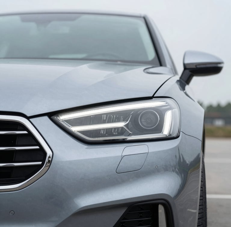 Close-up of a clean, modern sports sedan headlight and metallic grille, soft overcast daylight, cool slate metallic tones, sharp focus, 50mm lens