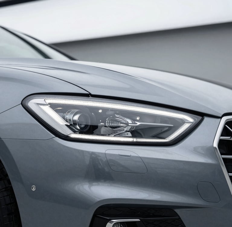 Sleek metallic grey sedan headlight detail, clean modern workshop background, soft overcast daylight, sharp focus, 50mm lens