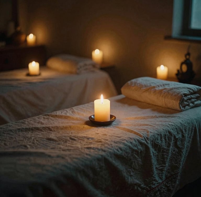 A dimly lit, warm healing room with soft textiles, flickering candlelight casting long shadows, and a quiet, sacred atmosphere.