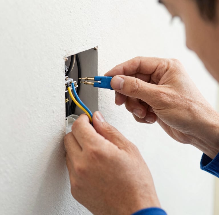 Close-up of a technician's hands carefully inspecting and repairing exposed intercom wiring on an outdoor wall, natural daylight, sharp focus on the wires and tools.