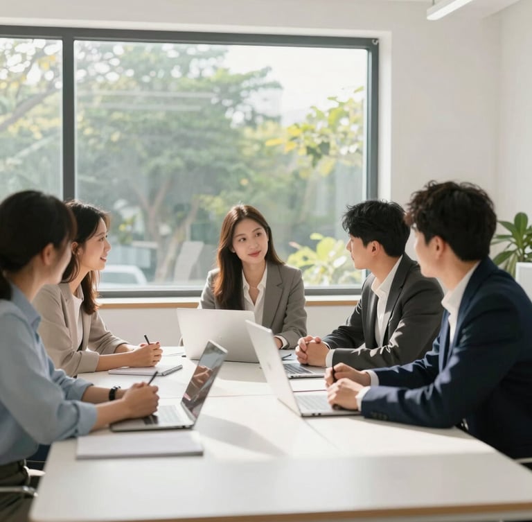 A bright, sunlit collaborative workspace with a large window, structured green foliage visible outside, professional team members in an active strategy session