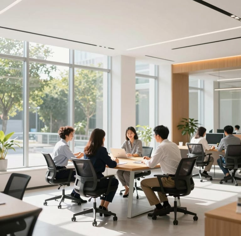 A bright, sunlit modern office workspace with clean architectural lines, large windows showing green foliage outside, a professional team collaborating around a wooden table in high-key morning light.