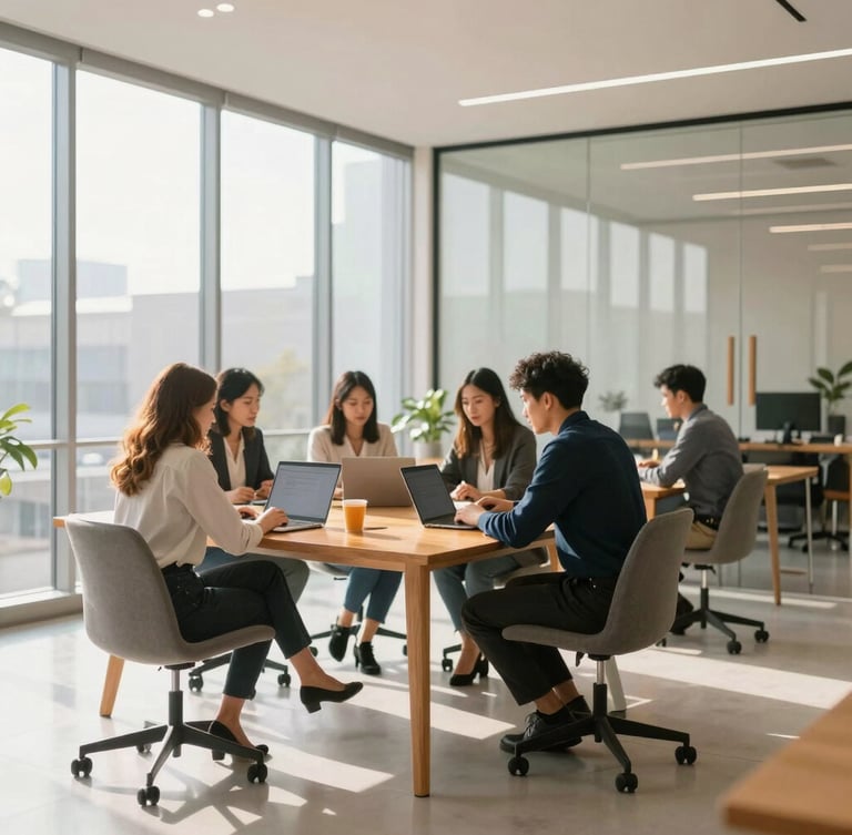 Sunlit modern collaborative office space with clean glass walls, professional team working at a large wooden table, warm morning window light, shallow depth of field