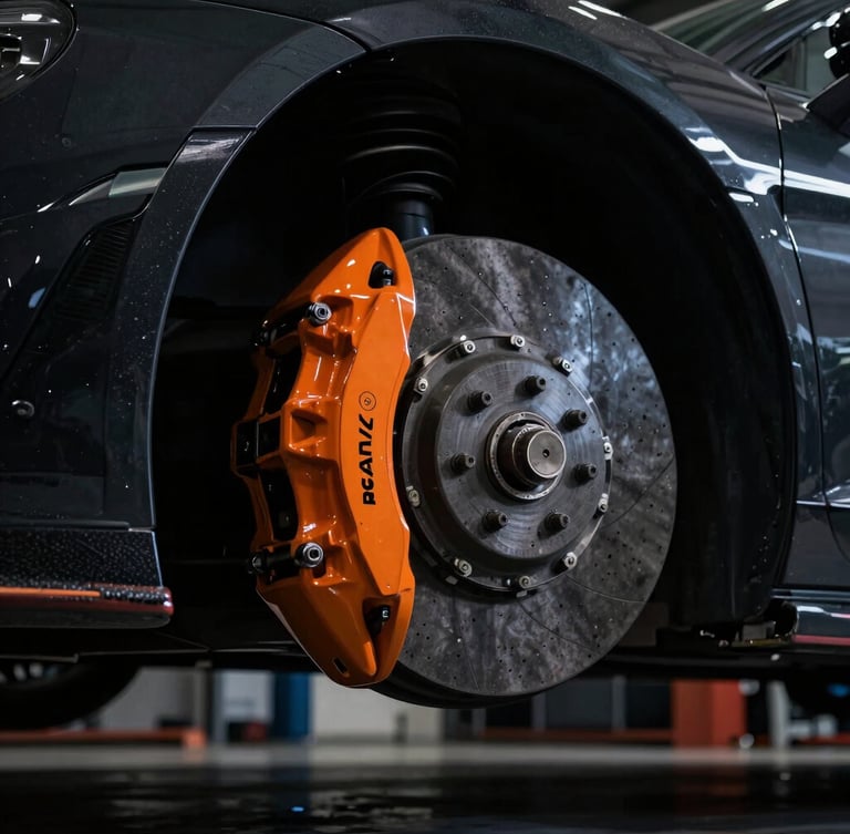 Dramatic low-angle shot of a high-performance sports car chassis under a garage lift, sharp orange brake calipers, moody workshop lighting, high contrast