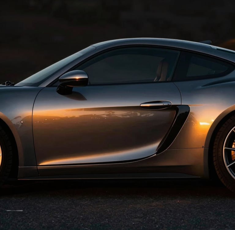 Moody dramatic side profile of a dark metallic sports car, golden hour reflections on the sleek paint, high contrast, professional automotive photography