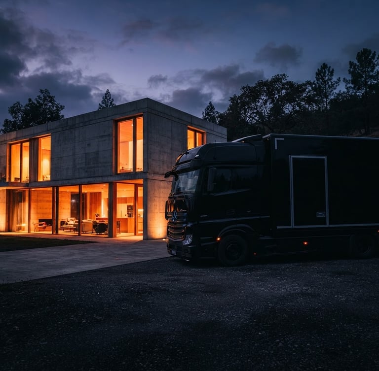 A sleek, black enclosed professional car transporter truck parked in front of a minimalist modern concrete villa at dusk, warm orange interior lights glowing from the villa windows, dramatic low-key automotive photography, high contrast, 50mm lens