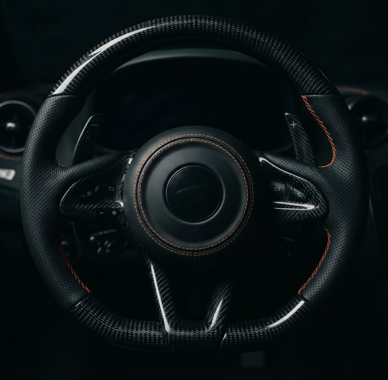 Moody close-up of a sports car steering wheel with carbon fiber details, low-key dramatic lighting, sharp orange stitching highlights, 50mm lens