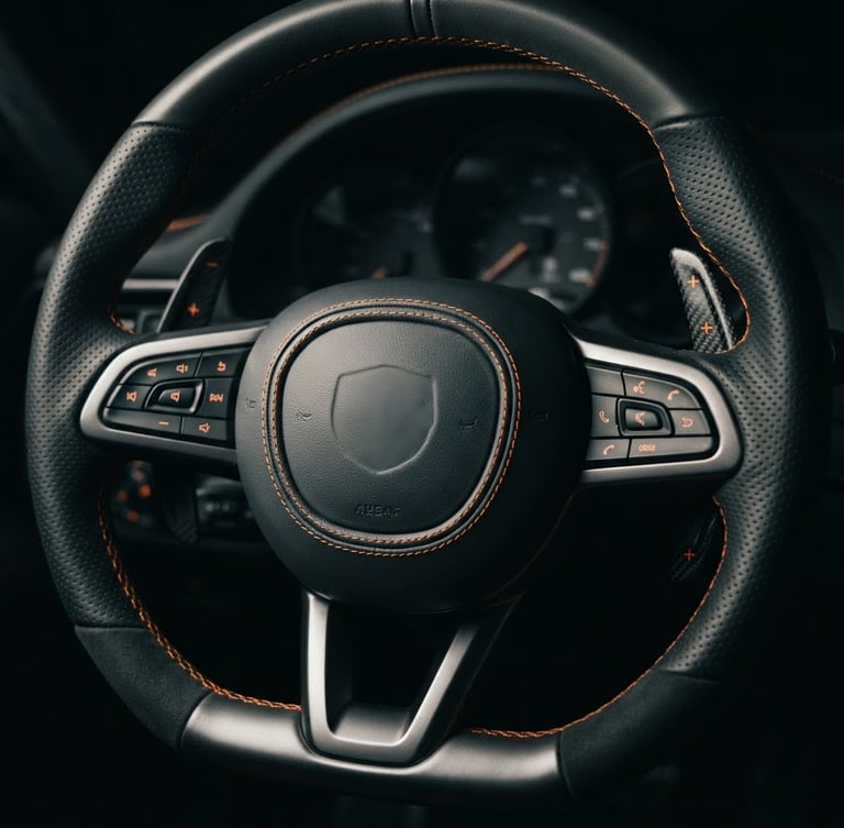 Close-up of a metallic grey sports car steering wheel, orange stitching details, low-key dramatic studio lighting, high contrast, 50mm lens