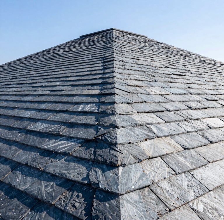 Sharp architectural photography of a newly completed slate tile roof, crisp dry ridge system, bright natural daylight, high-contrast slate and blue tones, wide-angle lens