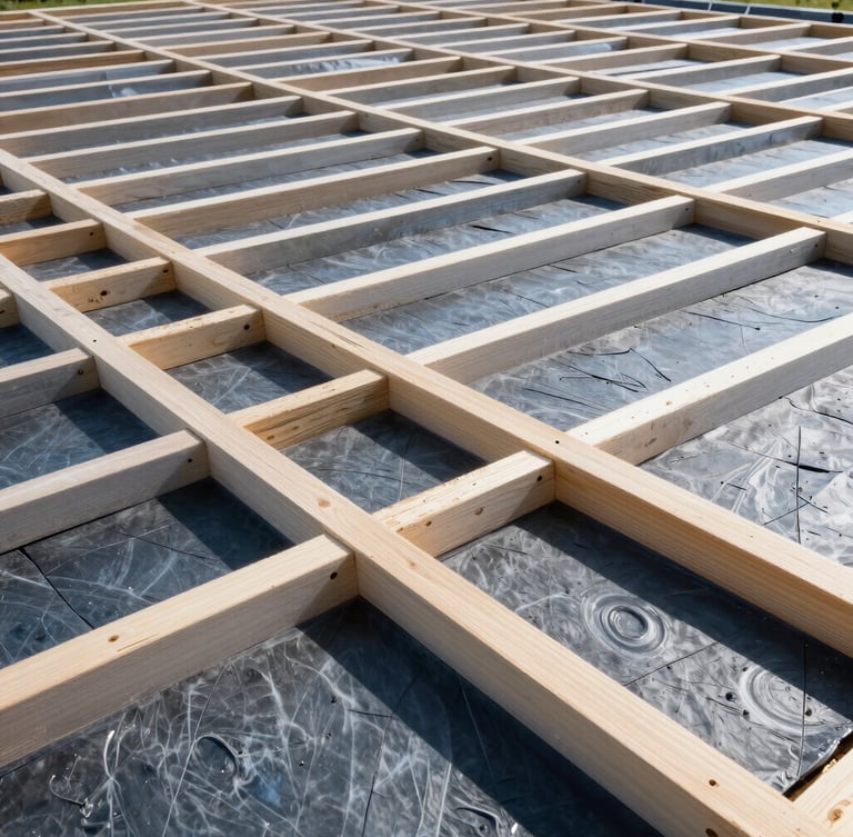 Close-up architectural shot of clean, precisely aligned structural timber battens and high-performance roofing felt under bright daylight, sharp details, wide-angle lens.
