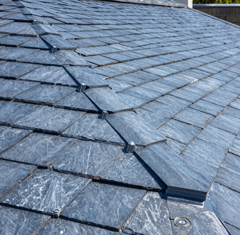 Crisp close-up photograph of precise lead work and dry verge systems on a newly completed slate roof, bright daylight, high-contrast blue and slate tones
