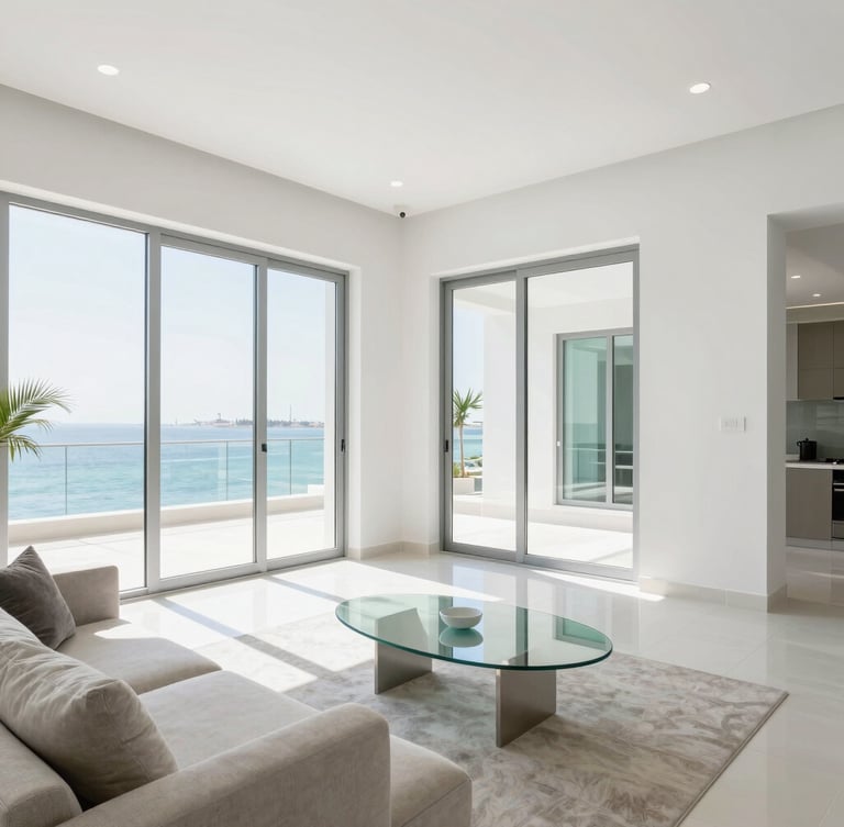 Bright high-key architectural photography of a pristine Dubai villa living room, crisp natural daylight streaming through large windows, clean white and silver tones with light green accents, sharp focus
