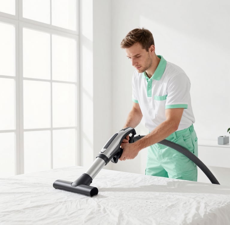 A professional cleaning technician in a clean white and light green uniform using specialized dust-extraction equipment on a high-end textile surface, bright studio lighting