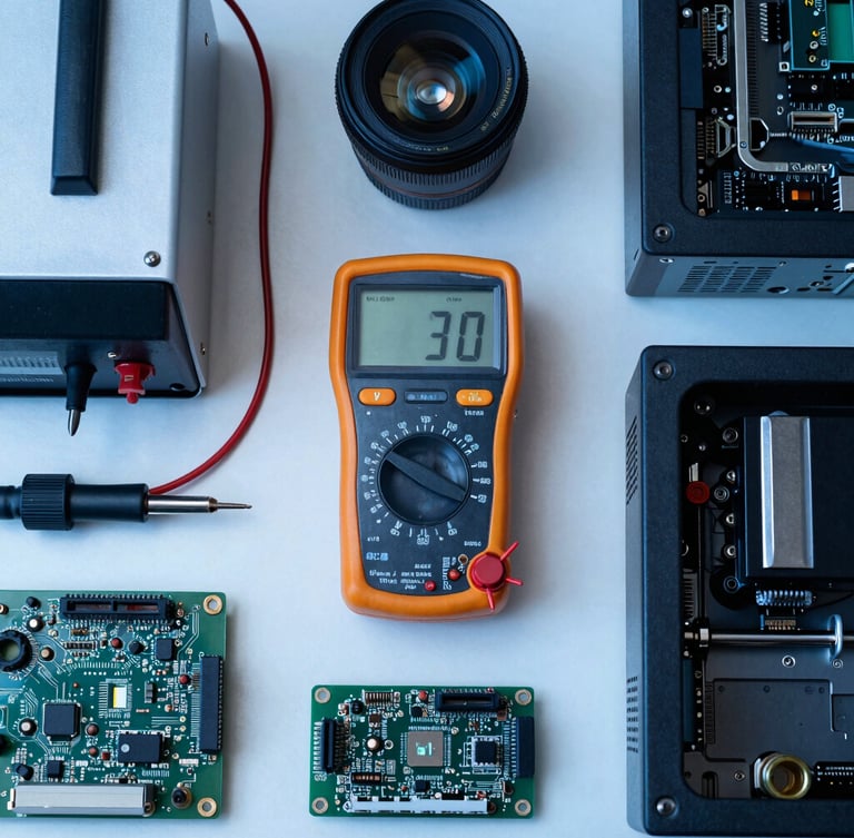 overhead flat lay of organized technical workbench with digital multimeter, soldering station, and clean computer hardware, cool blue highlights