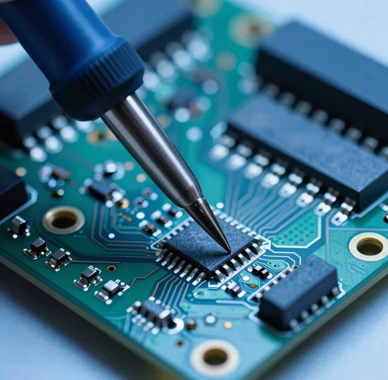 macro photography of electronic circuit board with soldering iron tip, cool blue studio lighting, sharp focus, technical workshop aesthetic