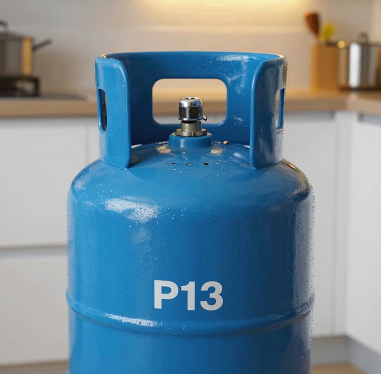 Close-up of a pristine, bright blue P13 gas cylinder with a safety seal intact, sitting in a clean, brightly lit domestic kitchen, sharp focus.