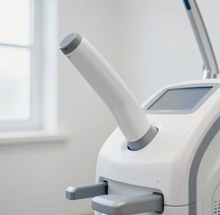 Close-up of advanced medical laser equipment in a bright white clinical room, soft natural daylight, professional 35mm.