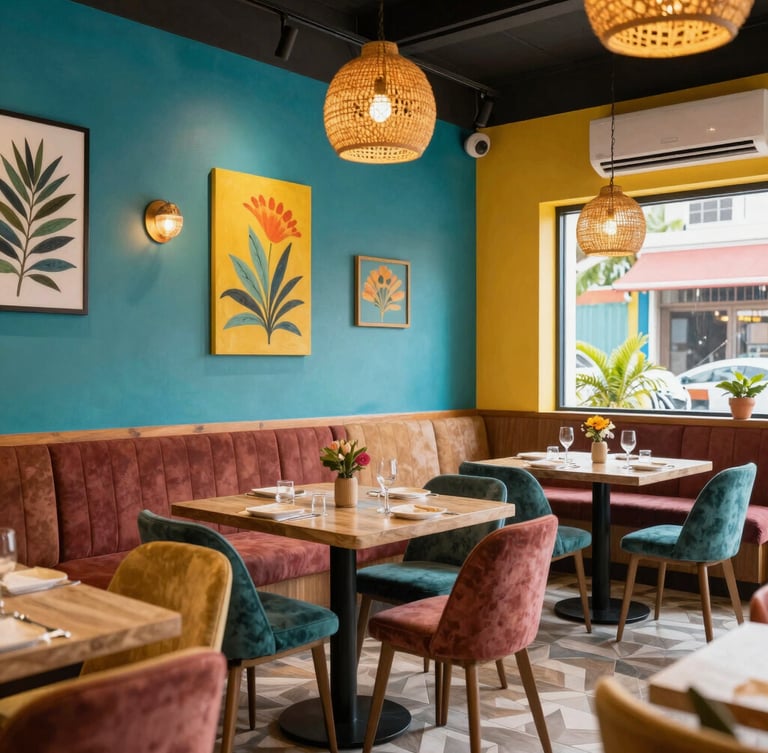 A lively brunch scene with colorful plates and smiling guests enjoying Latin-inspired dishes.