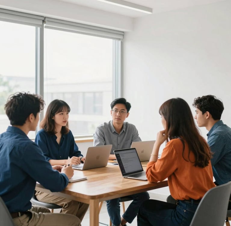 Bright editorial photography of a modern professional workspace in Fruitland with natural window light, team members collaborating around a clean wooden table, 35mm