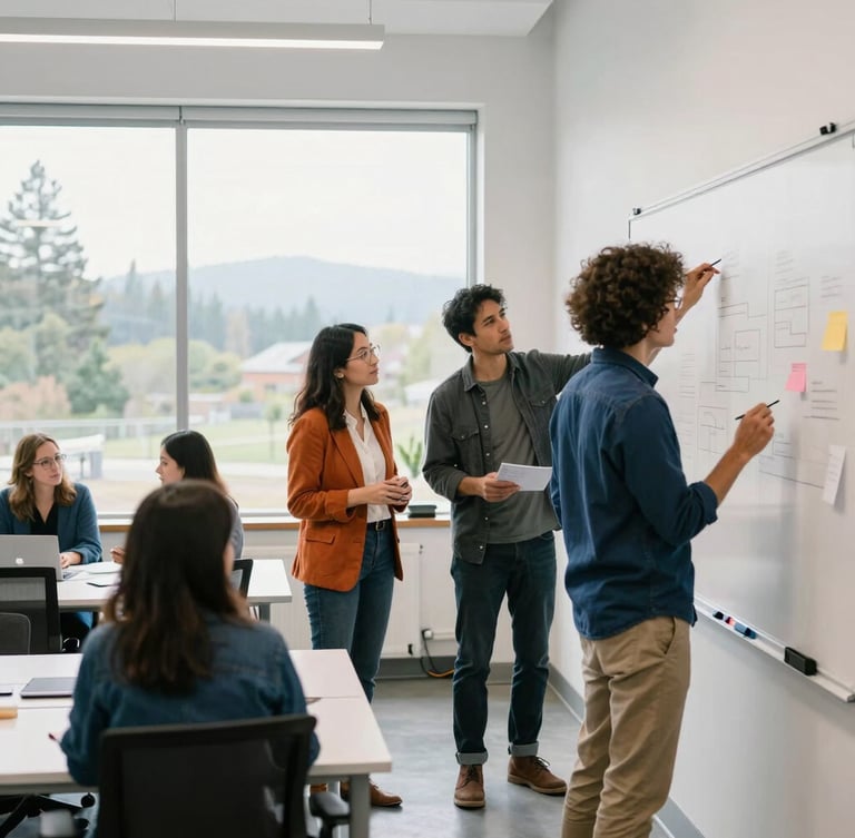Bright editorial photography of a modern collaborative Pacific Northwest workspace, natural window light, team planning on a whiteboard, shallow depth of field, 35mm