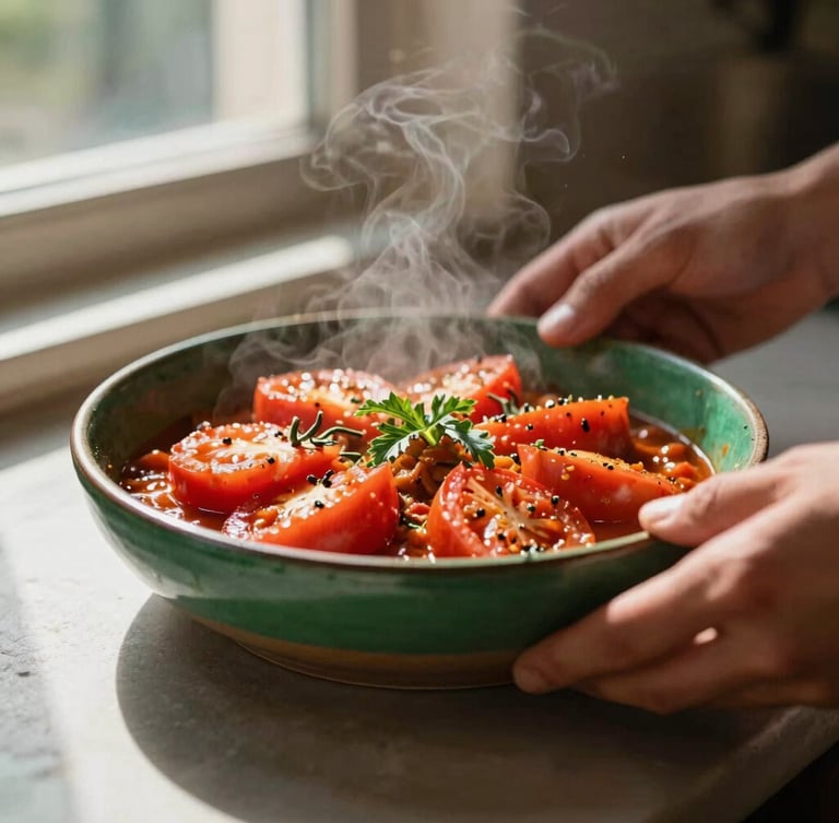 Close-up 35mm photograph of hands plating a rustic heirloom tomato dish at the pass, steam rising, warm natural window light casting deep shadows, rich crimson and forest green tones, shallow depth of field.