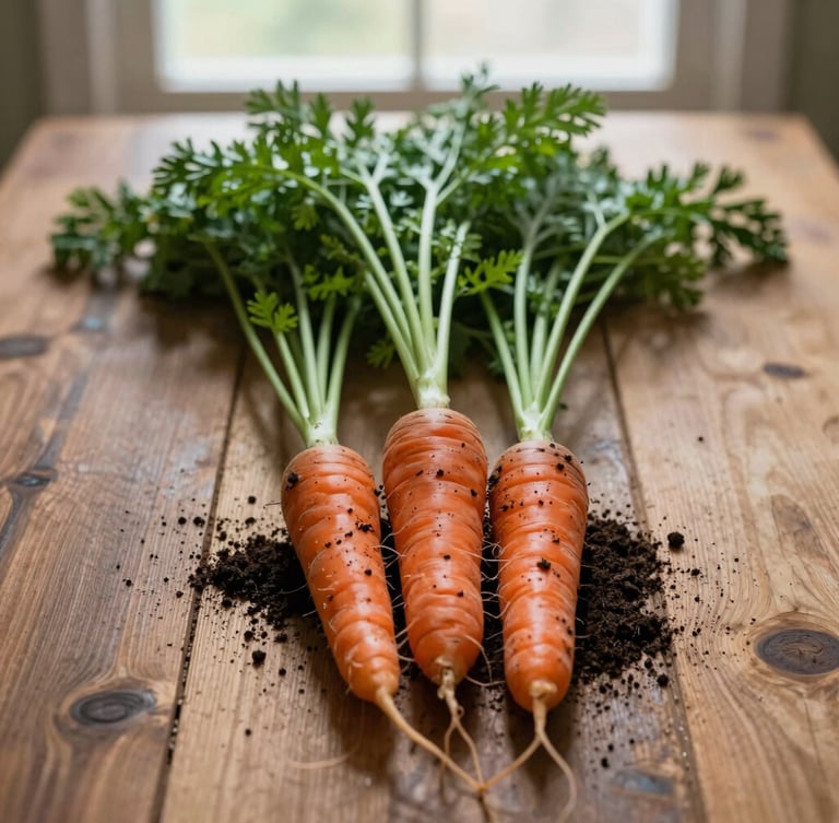Overhead flat-lay of freshly harvested heirloom carrots with dark soil on them, resting on a rustic wooden table under soft, natural side window light, 35mm photography