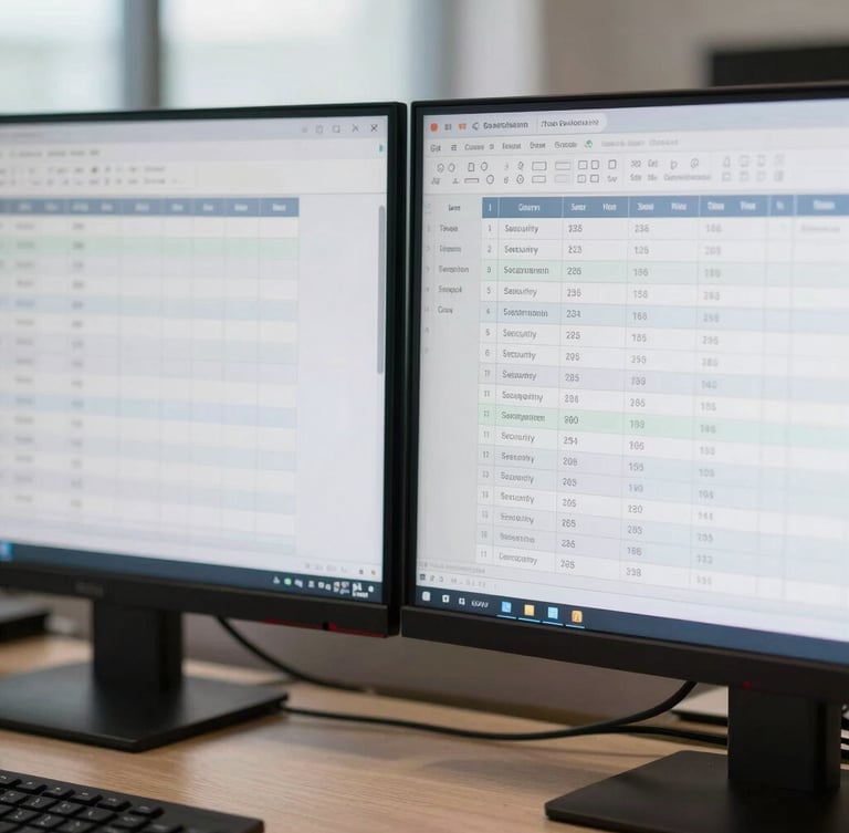 A clean macro shot of dual monitors displaying structured database tables and security permission grids, bright natural office light