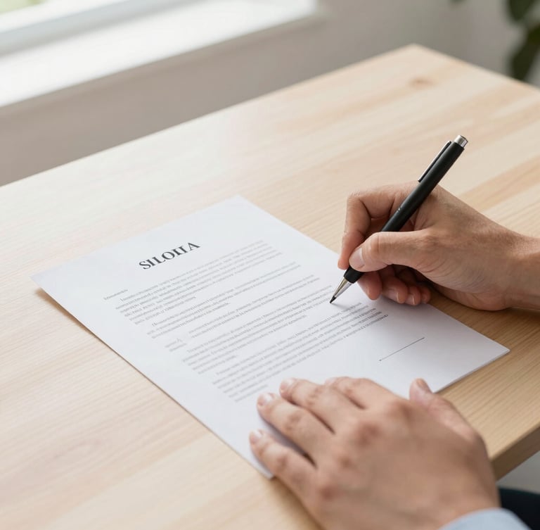 A crisp close-up of professional hands signing a formal Florida legal document on a clean wooden desk, bright natural Florida daylight illuminating the paper, clean architectural framing.