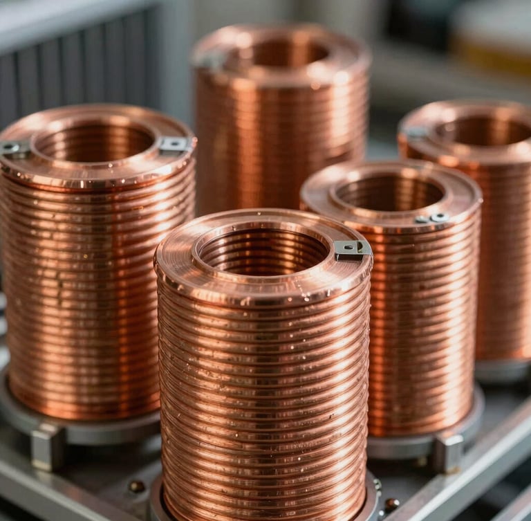Macro photograph of clean copper coils inside a condenser unit, bright natural morning light, sharp focus on the metallic fins
