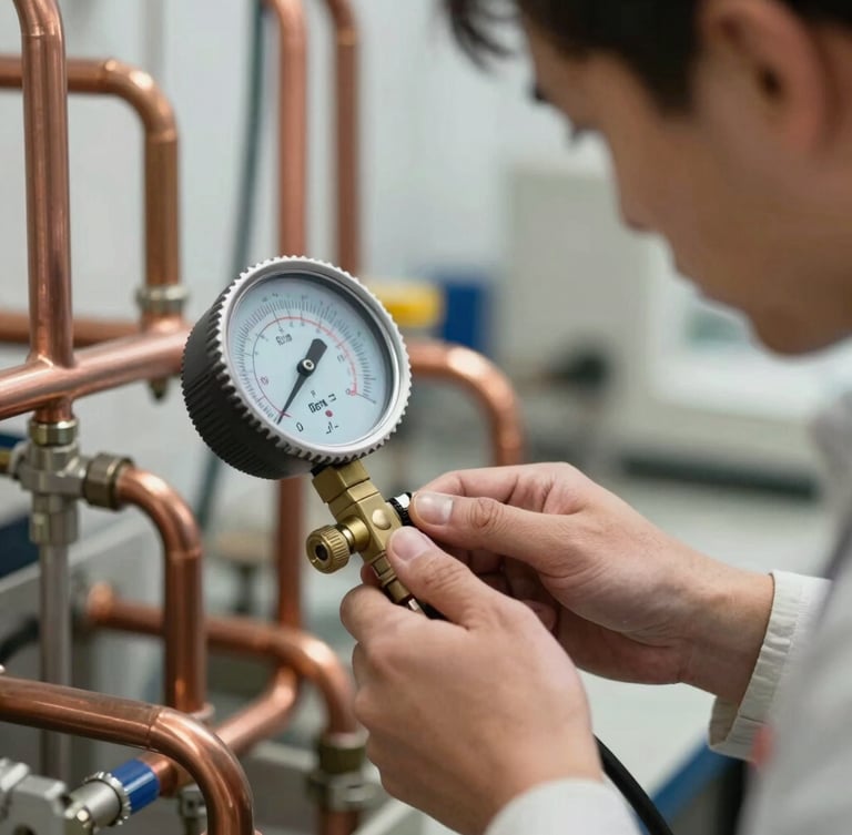 Wide-angle, clean macro shot of a technician using a digital manifold gauge on copper cooling lines, bright natural lighting, focused on the technical work.