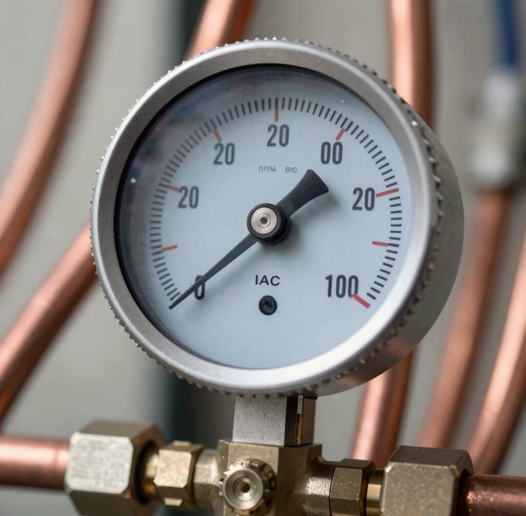 Macro shot of a digital manifold gauge measuring refrigerant pressure on copper cooling lines, bright natural light, sharp focus.