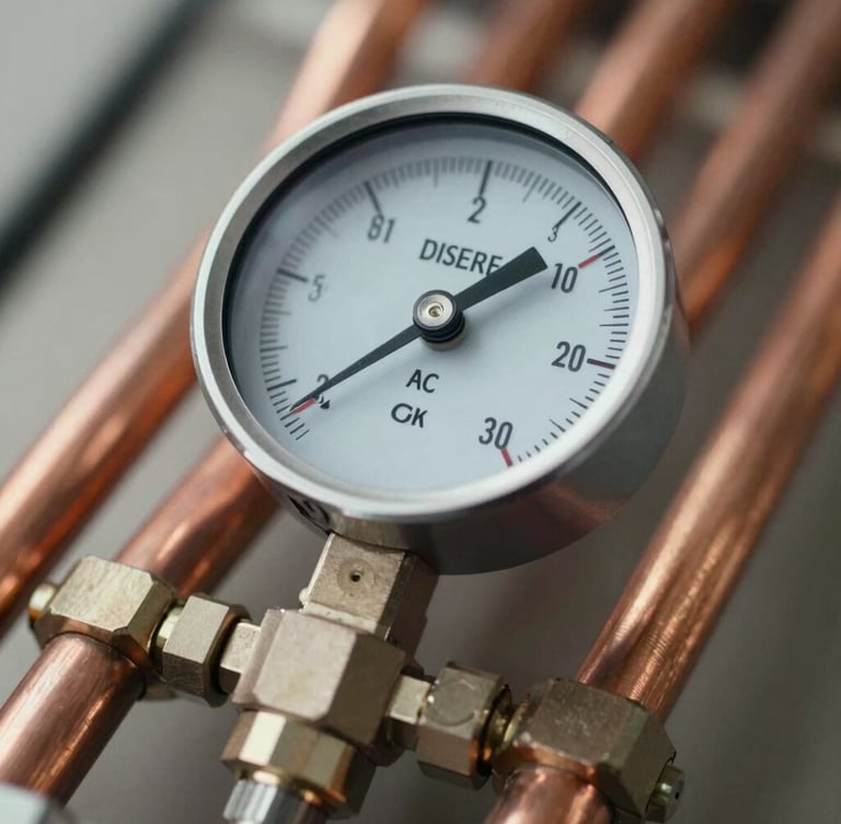 Macro photograph of a digital manifold gauge connected to copper refrigerant lines, bright natural lighting, sharp focus on pressure readings.