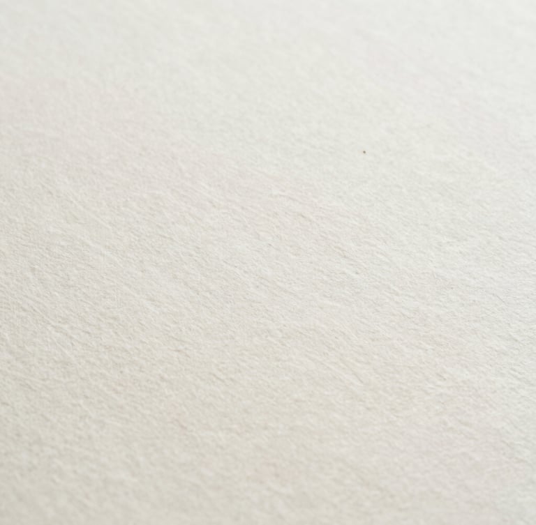 Macro detail shot of heavy cream-colored cotton paper stock, subtle shadow, soft diffused daylight, minimalist editorial style