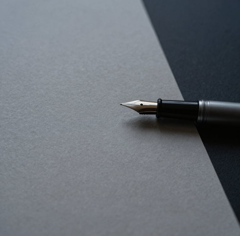 Minimalist macro shot of heavy textured paper with a fountain pen resting on it, soft overcast daylight, muted slate tones, architectural geometry