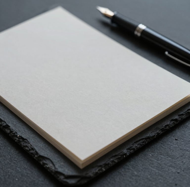 Close-up of high-quality tactile heavy paper stock and a fountain pen resting on a dark slate desk, soft diffused overcast daylight, muted tones, minimalist editorial photography.