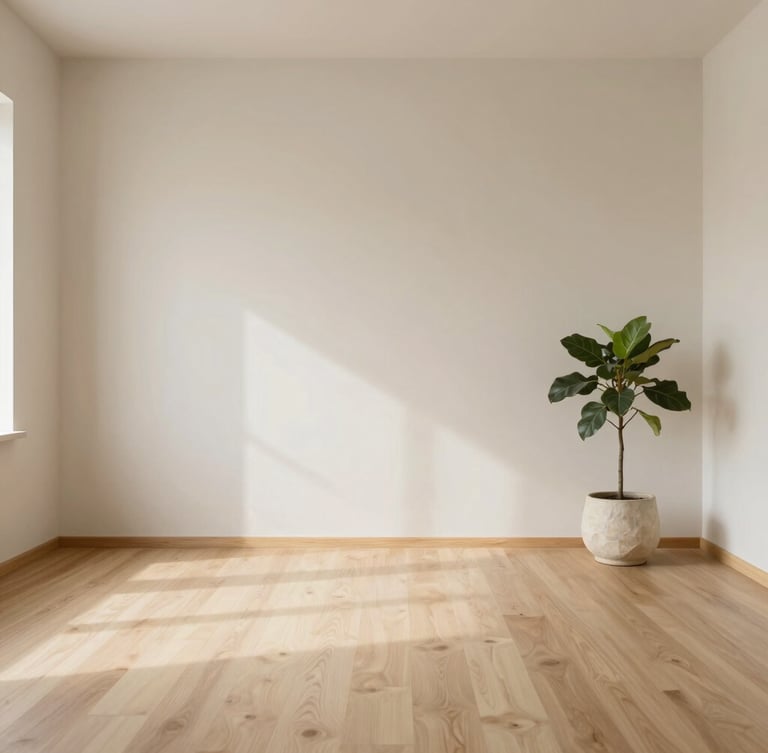 Minimalist therapeutic space, soft natural light, warm wood and stone textures, an empty, serene room with a single plant, Japandi style.