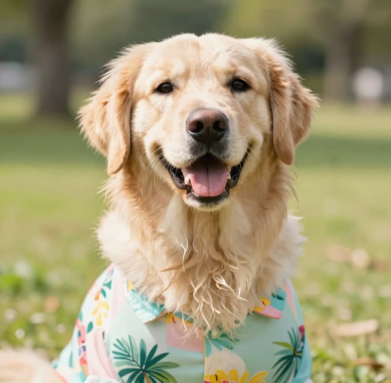 Bright eye-level portrait of a happy golden retriever wearing a colorful tropical print shirt, sunny outdoor park setting, warm high-key daylight, 35mm