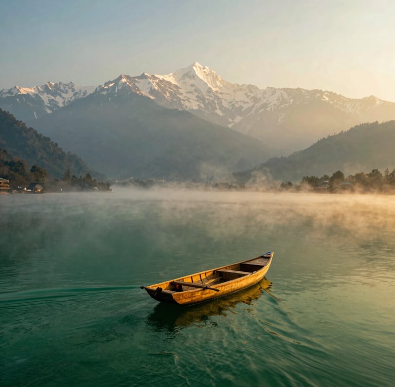 A solitary wooden shikara gliding on the misty, emerald waters of Dal Lake at sunrise, majestic snow-capped Himalayan peaks in the far background, 35mm lens, cinematic travel photography.
