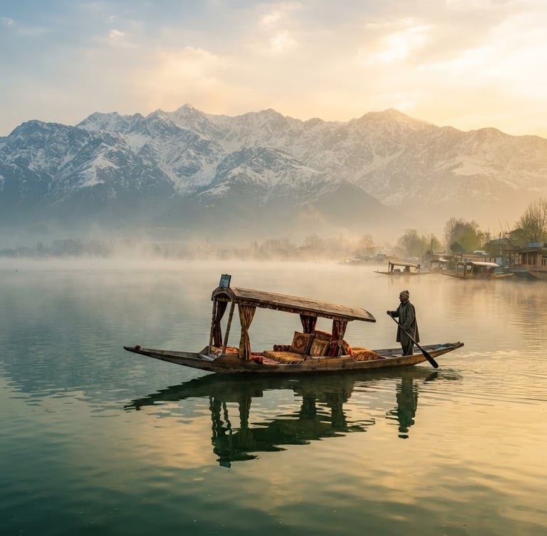 Solitary wooden shikara gliding on misty Dal Lake at golden hour, soft morning fog rising from the water, majestic snow-capped mountains in the distant background, cinematic travel photography, 35mm lens