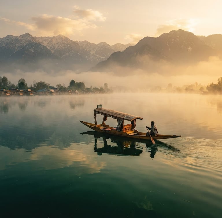 Cinematic wide-angle view of a single wooden shikara gliding on misty Dal Lake at golden hour, deep emerald water, majestic Himalayan peaks in the background, 35mm lens.