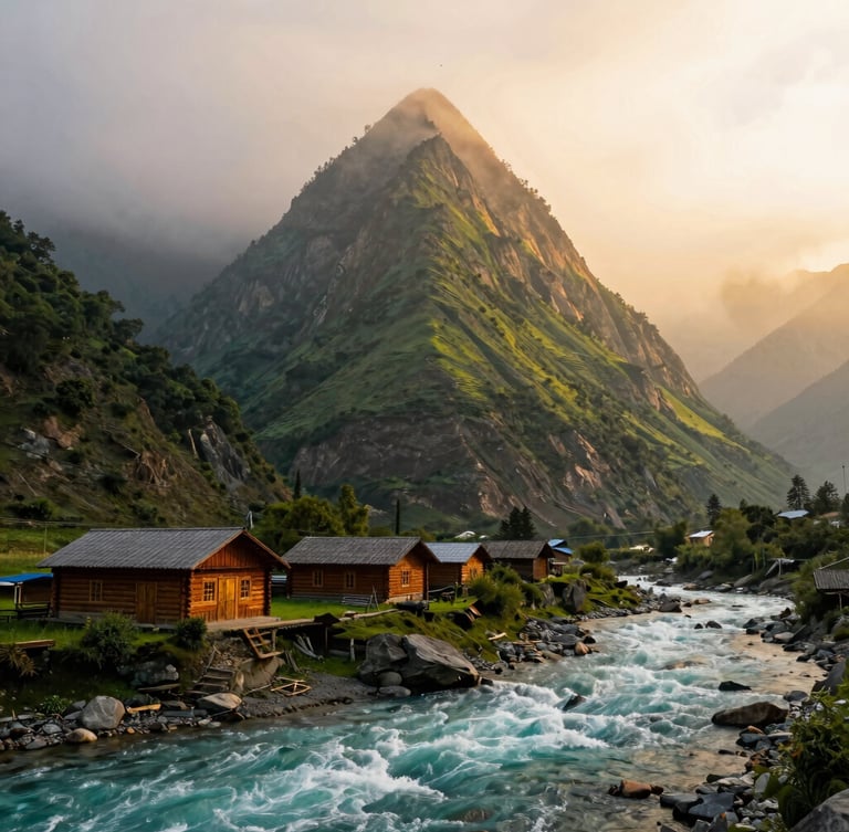 Dramatic pyramid-shaped mountain of Habba Khatoon towering over a rushing turquoise river, traditional wooden log cabins in the valley below.