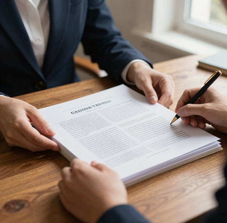 A close-up of hands organizing historical documents and scholarship applications on a warm wooden table, soft window light, warm editorial photography, rich authentic tones.