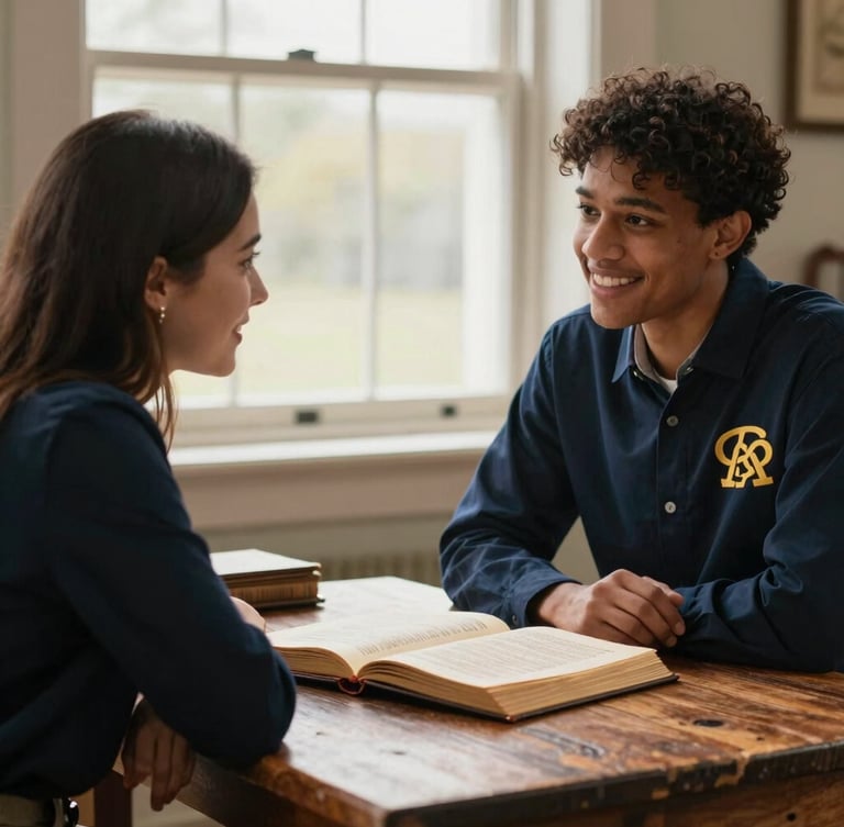 Warm editorial photography of two diverse chapter members conversing over a rustic wooden table, soft natural window light, a historic ledger book open, genuine smiles, rich authentic tones, shallow depth of field.