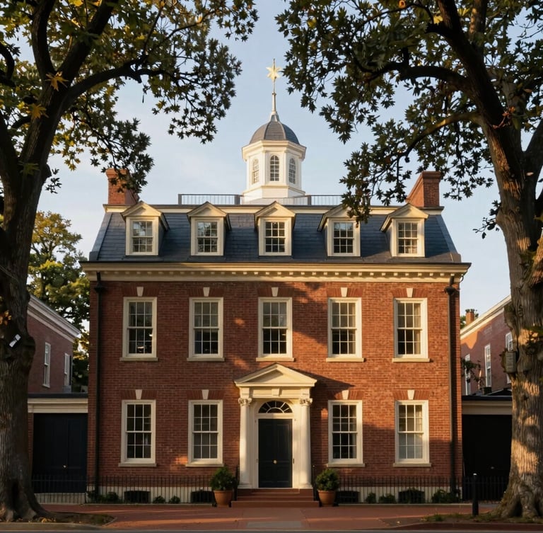 A historic brick building in Newark, Delaware, framed by mature oak trees in soft afternoon sunlight, elegant archival feel.