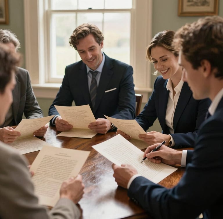 Warm natural window light illuminating members gathered around a dark oak table, reviewing historical chapter documents with genuine smiles.