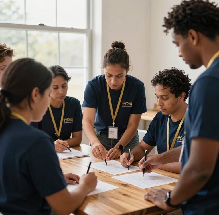 Warm editorial photography of diverse adults gathered around a wooden table planning a community service project, soft window light, deep navy and gold accents