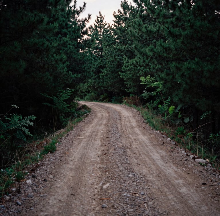 A rugged dirt road winding through a deep green pine forest at dawn, high contrast medium format film style