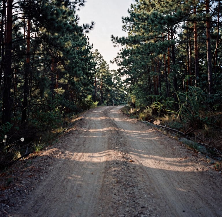 Wide environmental shot of a dusty dirt road winding through a dense pine forest at dawn, high-contrast shadows, medium format film look