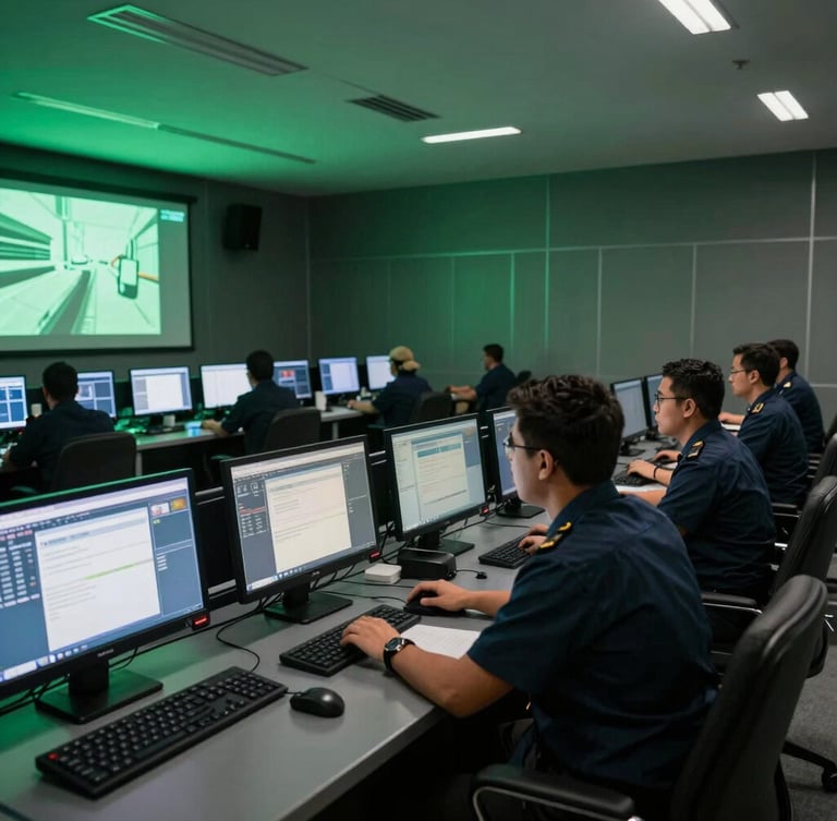 Wide cinematic shot of a modern security control center in Quito, emerald green ambient light from screens reflecting on dark clean surfaces, disciplined operator in executive uniform in the right third.