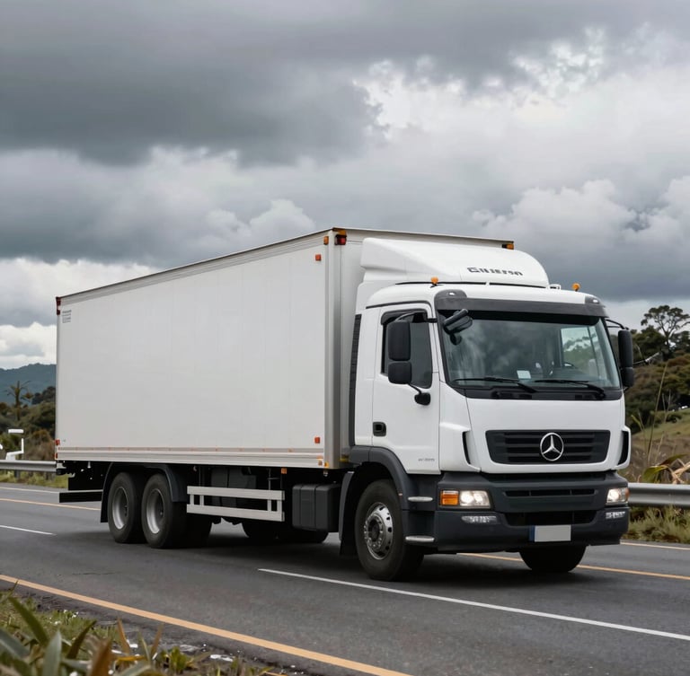 Wide cinematic shot of a secure logistics truck driving on an Ecuadorian highway under dramatic overcast daylight, high-contrast lighting.